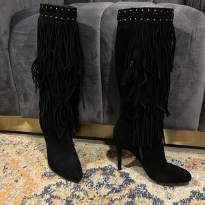 INC Black suede boots w tassels & 4” heels 🖤